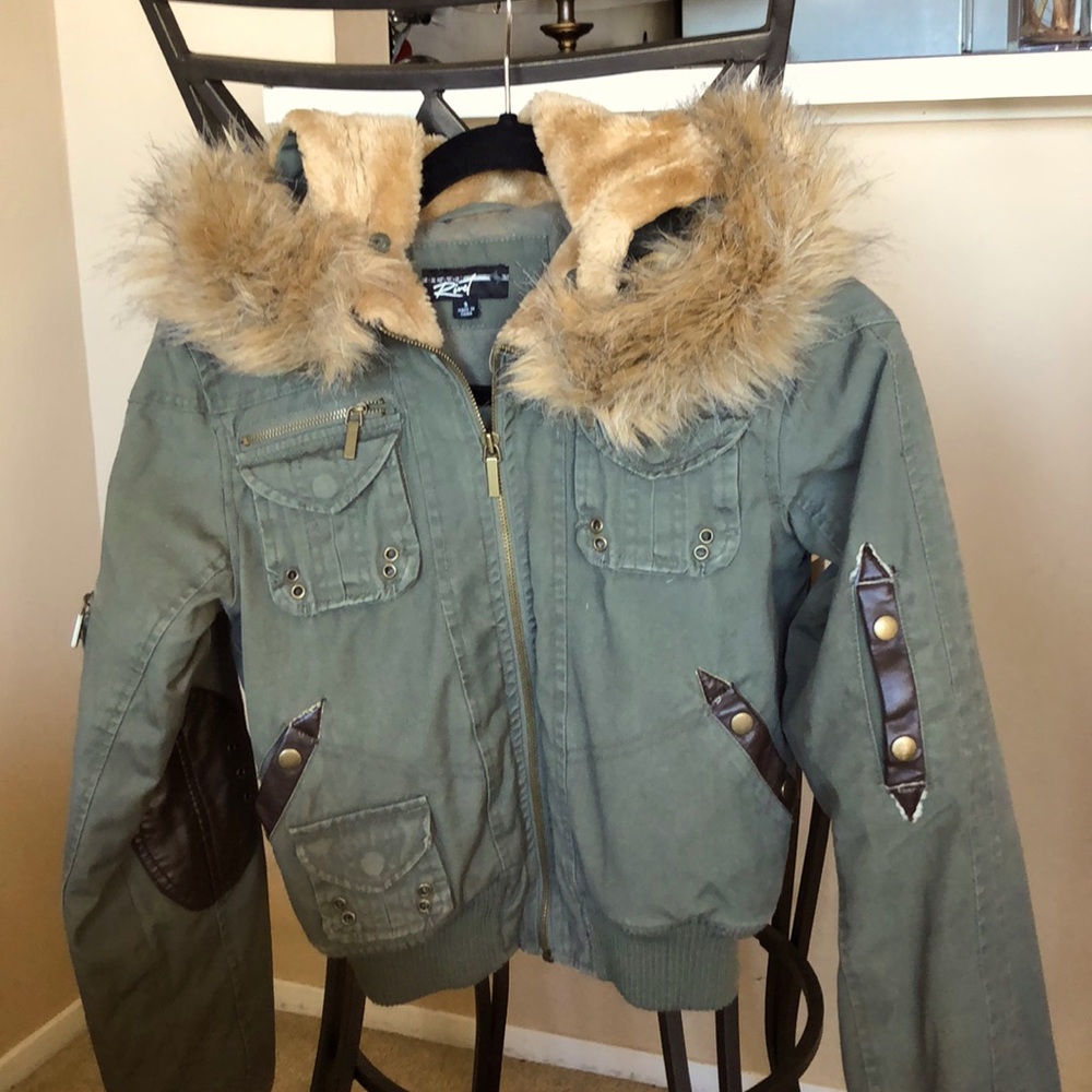 Cute bomber jacket with faux fur hood
